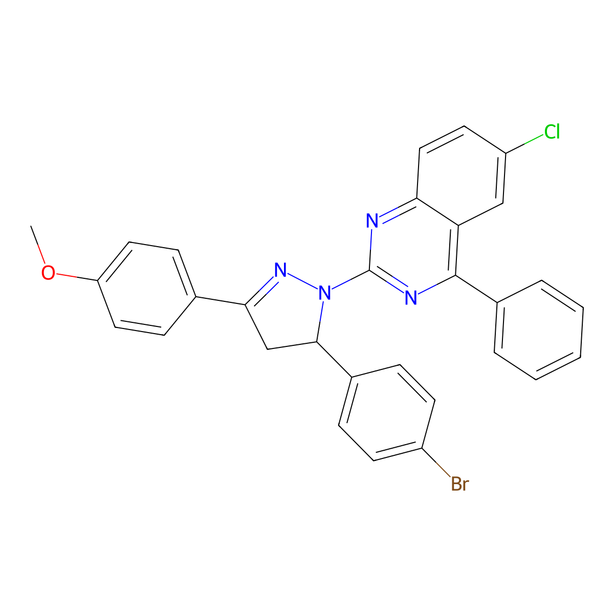 2-(5-(4-bromophenyl)-3-(4-methoxyphenyl)-4,5-dihydro-1H-pyrazol-1-yl)-6-chloro-4-phenylquinazoline molecular structure, CAS 361160-57-8