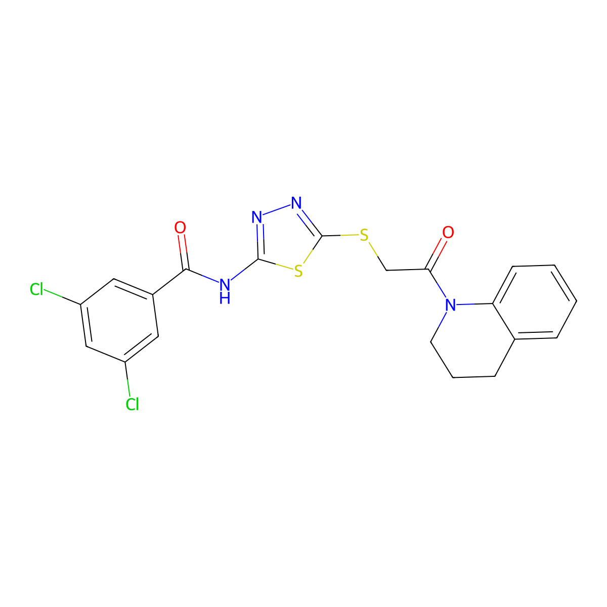 3,5-dichloro-N-(5-((2-(3,4-dihydroquinolin-1(2H)-yl)-2-oxoethyl)thio)-1,3,4-thiadiazol-2-yl)benzamide molecular structure, CAS 361166-13-4