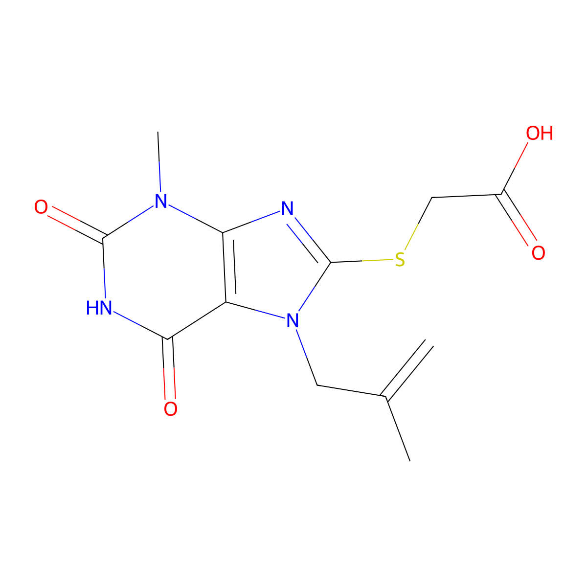 2-[3-Methyl-7-(2-methylprop-2-enyl)-2,6-dioxopurin-8-yl]sulfanylacetic acid molecular structure, CAS 361166-18-9