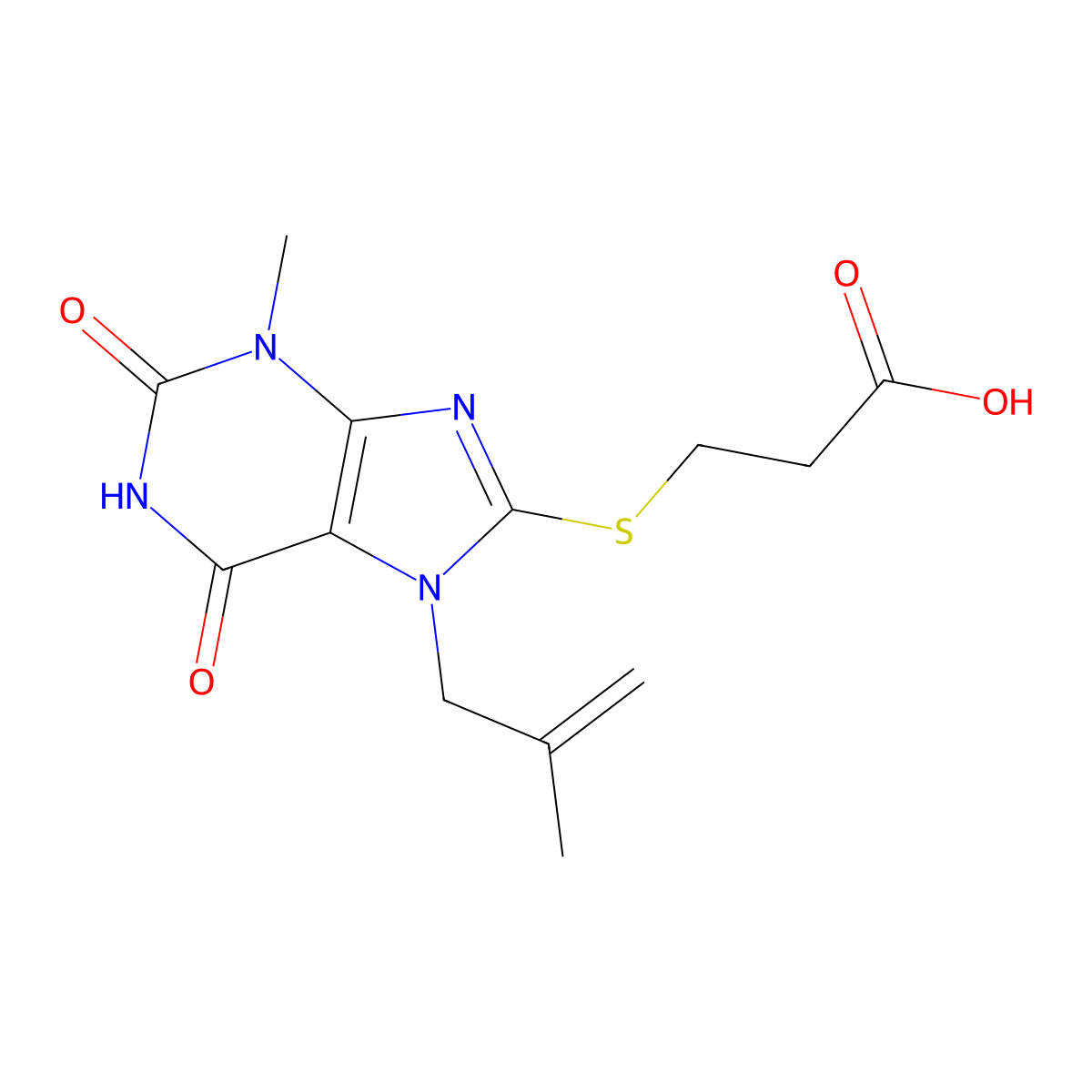 3-[3-Methyl-7-(2-methylprop-2-enyl)-2,6-dioxopurin-8-yl]sulfanylpropanoic acid molecular structure, CAS 361166-19-0