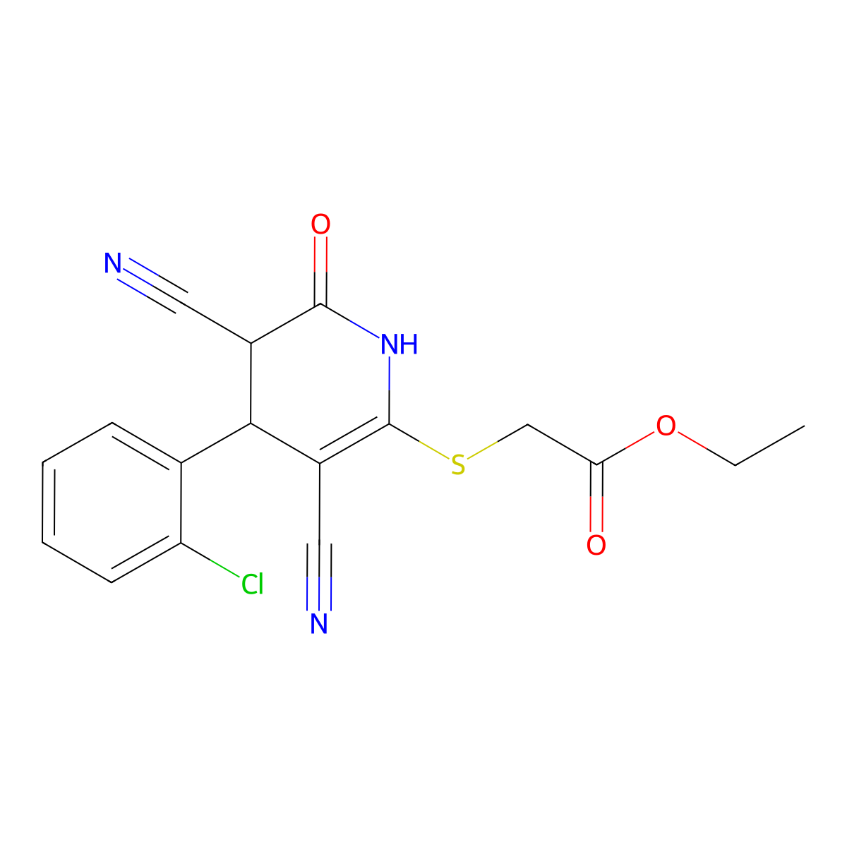 Ethyl {[4-(2-chlorophenyl)-3,5-dicyano-6-oxo-1,4,5,6-tetrahydropyridin-2-yl]sulfanyl}acetate molecular structure, CAS 361166-69-0