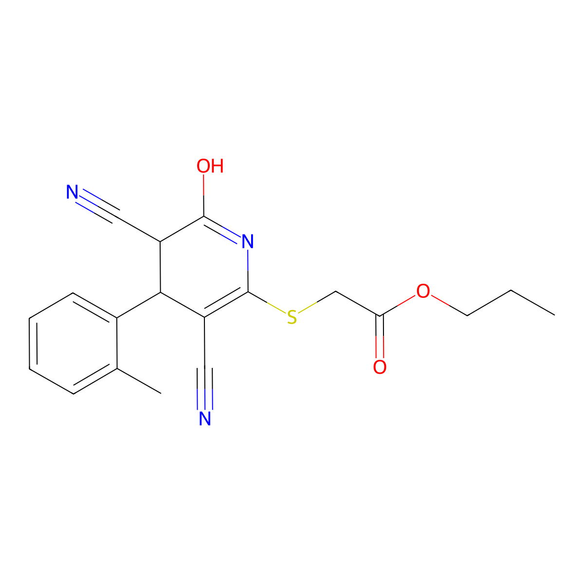Propyl {[3,5-dicyano-6-hydroxy-4-(2-methylphenyl)-4,5-dihydropyridin-2-yl]sulfanyl}acetate molecular structure, CAS 361166-77-0