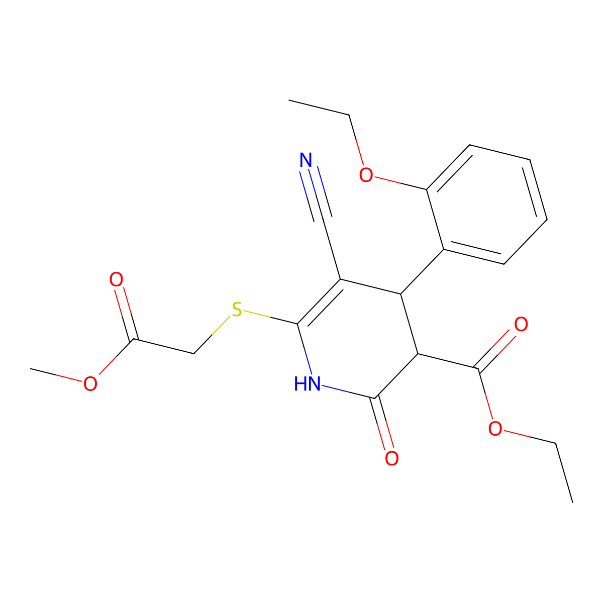Ethyl 5-cyano-4-(2-ethoxyphenyl)-6-[(2-methoxy-2-oxoethyl)sulfanyl]-2-oxo-1,2,3,4-tetrahydropyridine-3-carboxylate molecular structure, CAS 361166-85-0