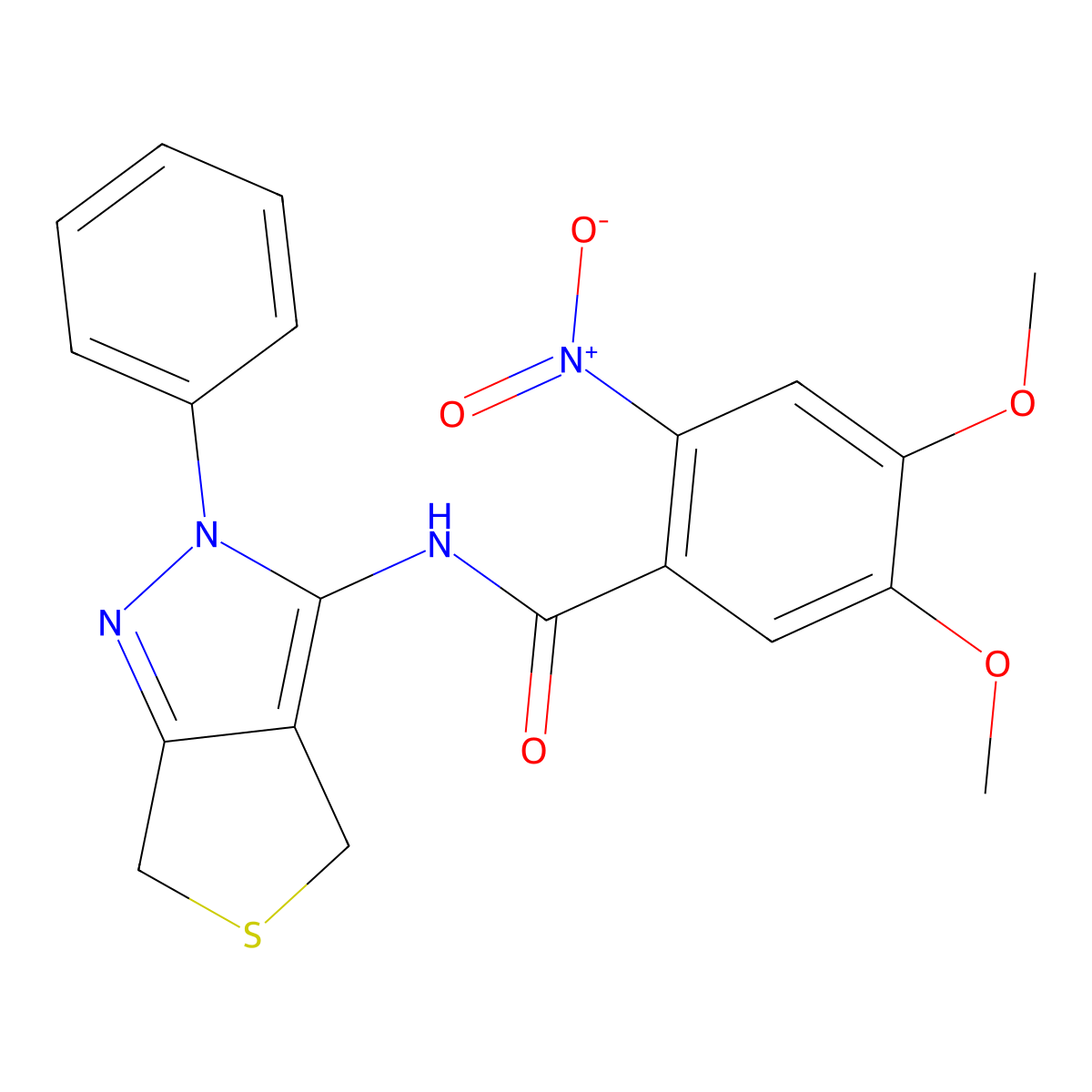 4,5-dimethoxy-2-nitro-N-(2-phenyl-4,6-dihydro-2H-thieno[3,4-c]pyrazol-3-yl)benzamide molecular structure, CAS 361166-95-2