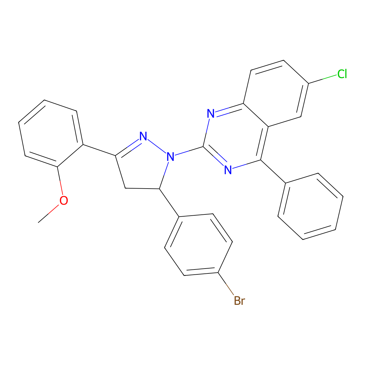 2-(5-(4-bromophenyl)-3-(2-methoxyphenyl)-4,5-dihydro-1H-pyrazol-1-yl)-6-chloro-4-phenylquinazoline molecular structure, CAS 361167-16-0