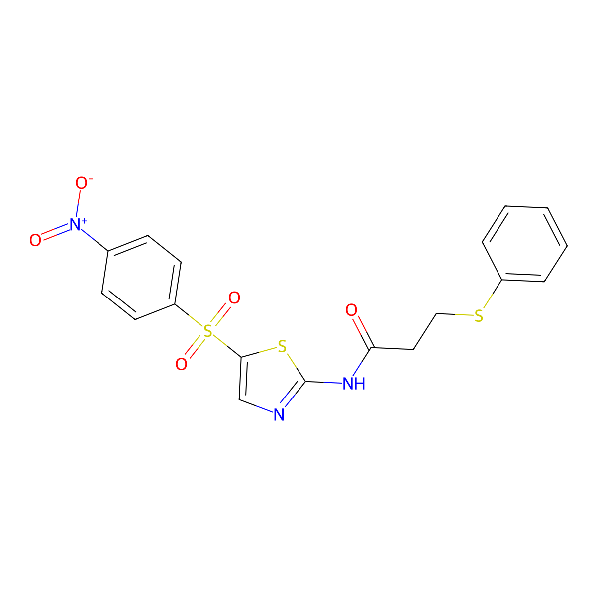 N-(5-((4-nitrophenyl)sulfonyl)thiazol-2-yl)-3-(phenylthio)propanamide molecular structure, CAS 361167-20-6