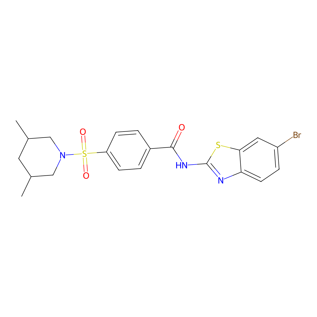 N-(6-bromobenzo[d]thiazol-2-yl)-4-((3,5-dimethylpiperidin-1-yl)sulfonyl)benzamide molecular structure, CAS 361167-25-1