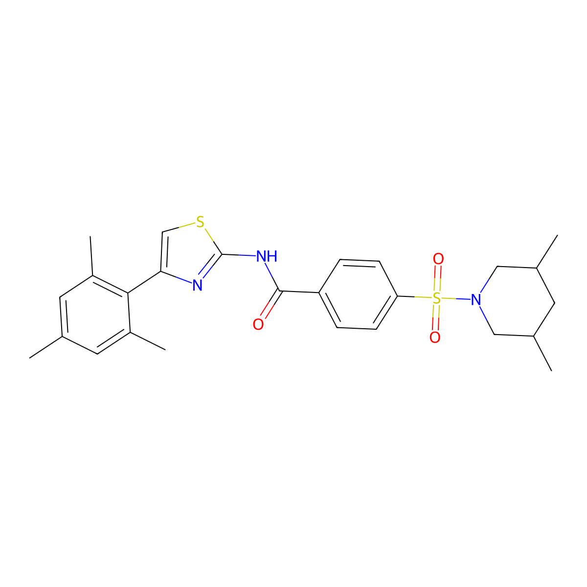4-((3,5-dimethylpiperidin-1-yl)sulfonyl)-N-(4-mesitylthiazol-2-yl)benzamide molecular structure, CAS 361167-51-3