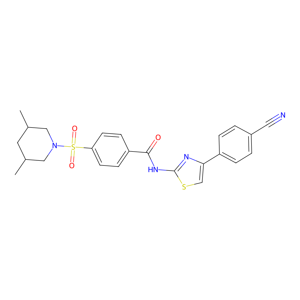 N-(4-(4-cyanophenyl)thiazol-2-yl)-4-((3,5-dimethylpiperidin-1-yl)sulfonyl)benzamide molecular structure, CAS 361167-59-1