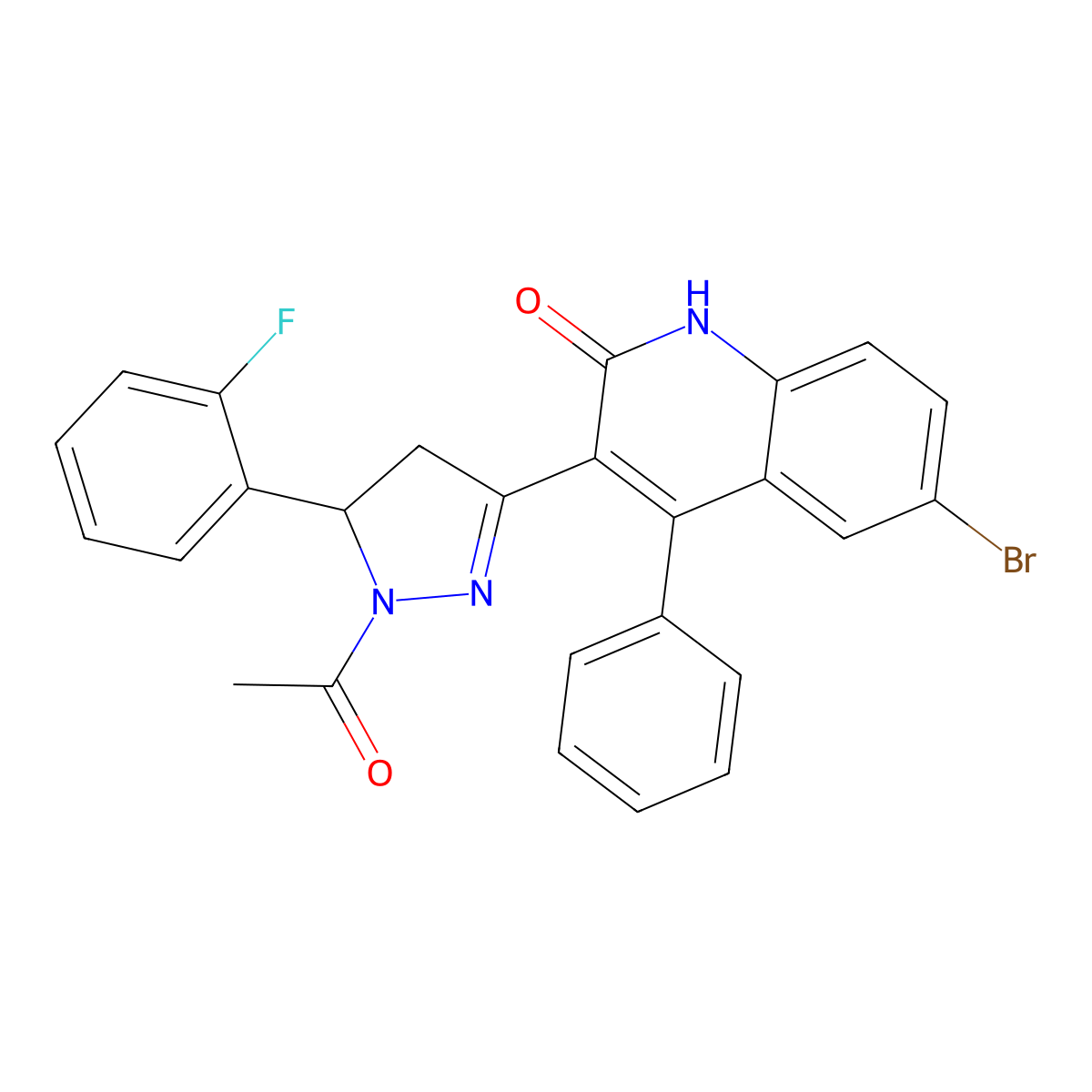 3-(1-acetyl-5-(2-fluorophenyl)-4,5-dihydro-1H-pyrazol-3-yl)-6-bromo-4-phenylquinolin-2(1H)-one molecular structure, CAS 361167-96-6