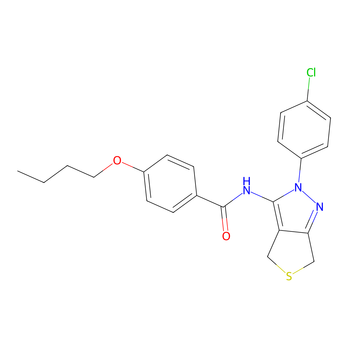 4-butoxy-N-(2-(4-chlorophenyl)-4,6-dihydro-2H-thieno[3,4-c]pyrazol-3-yl)benzamide molecular structure, CAS 361168-84-5