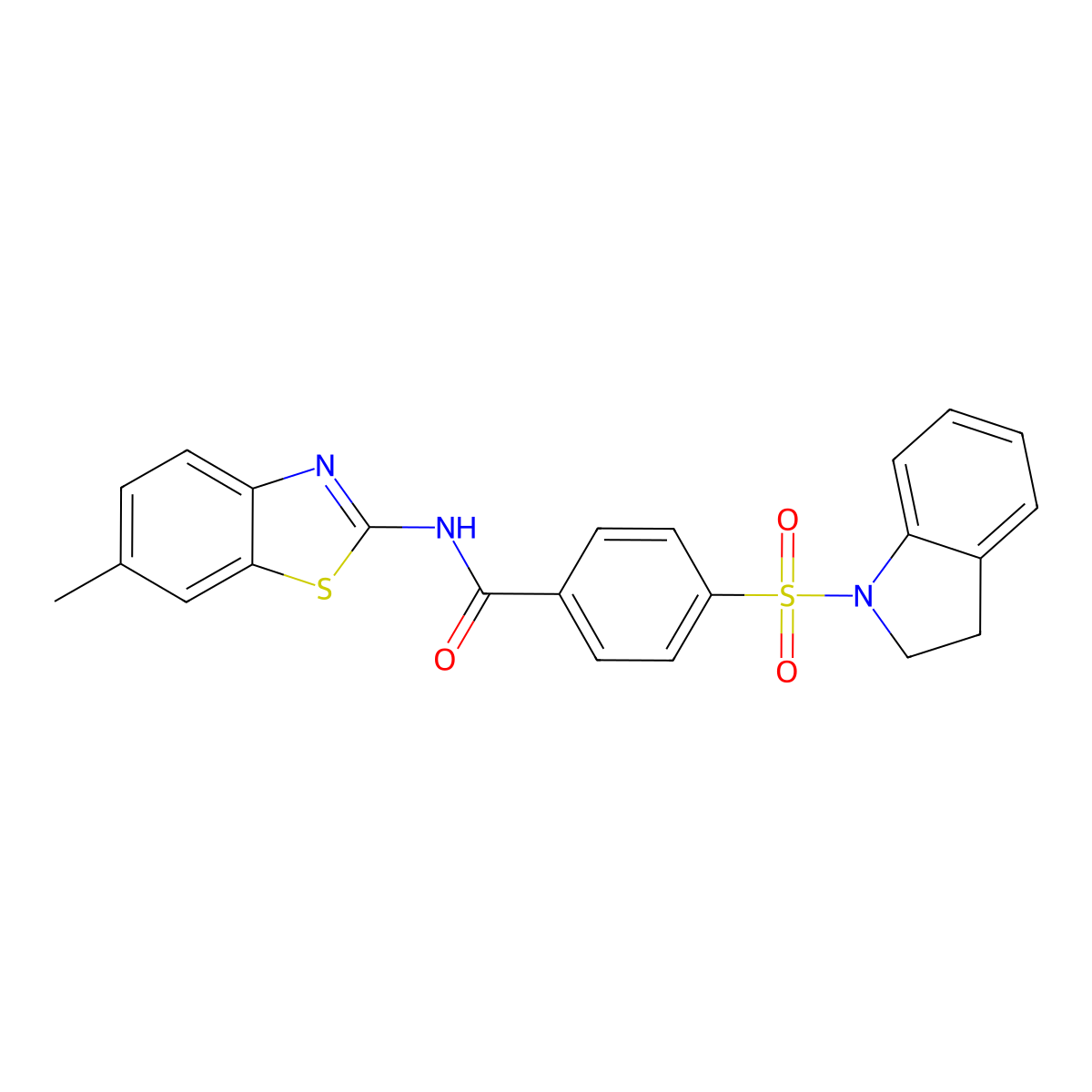 4-(indolin-1-ylsulfonyl)-N-(6-methylbenzo[d]thiazol-2-yl)benzamide molecular structure, CAS 361170-47-0