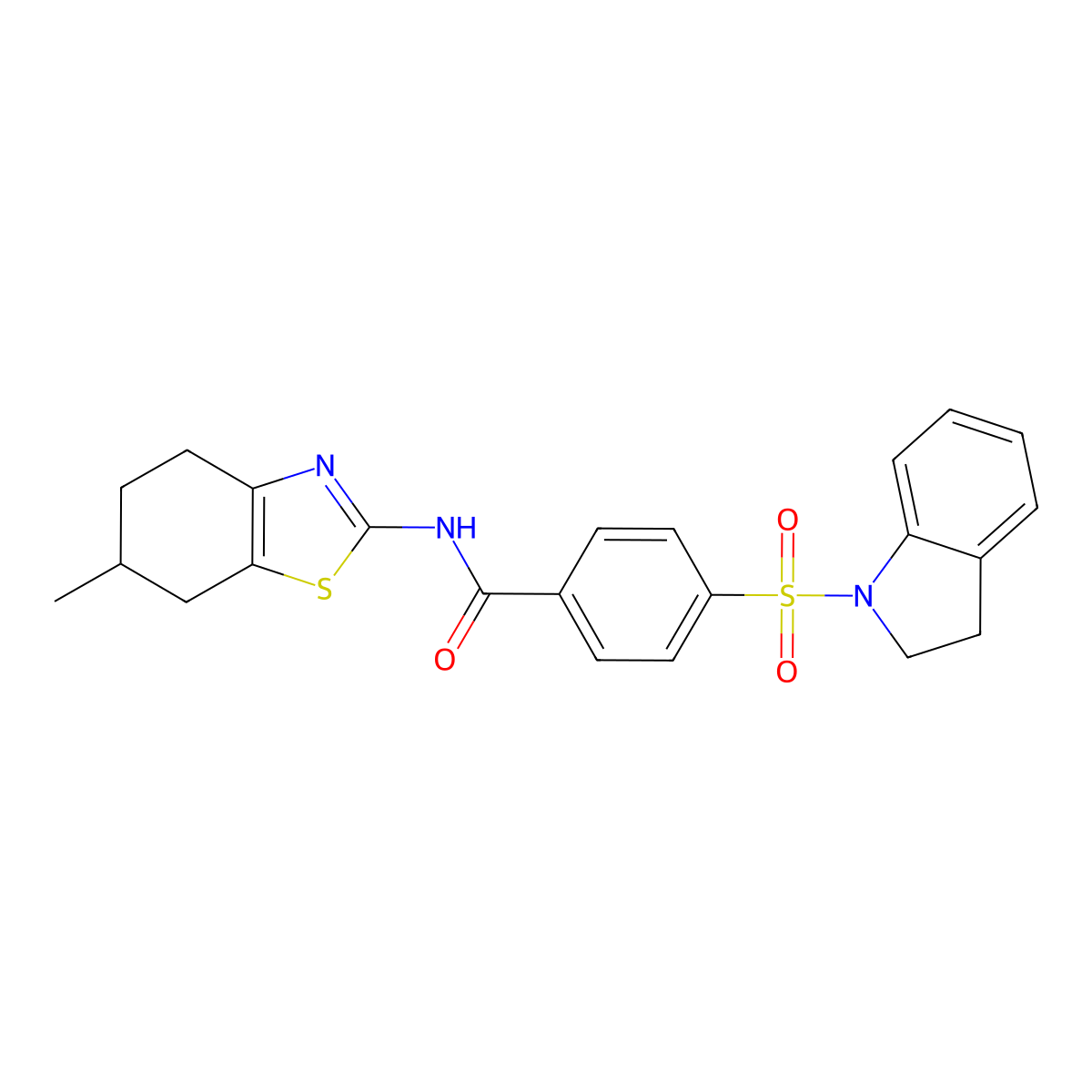 4-(indolin-1-ylsulfonyl)-N-(6-methyl-4,5,6,7-tetrahydrobenzo[d]thiazol-2-yl)benzamide molecular structure, CAS 361170-53-8
