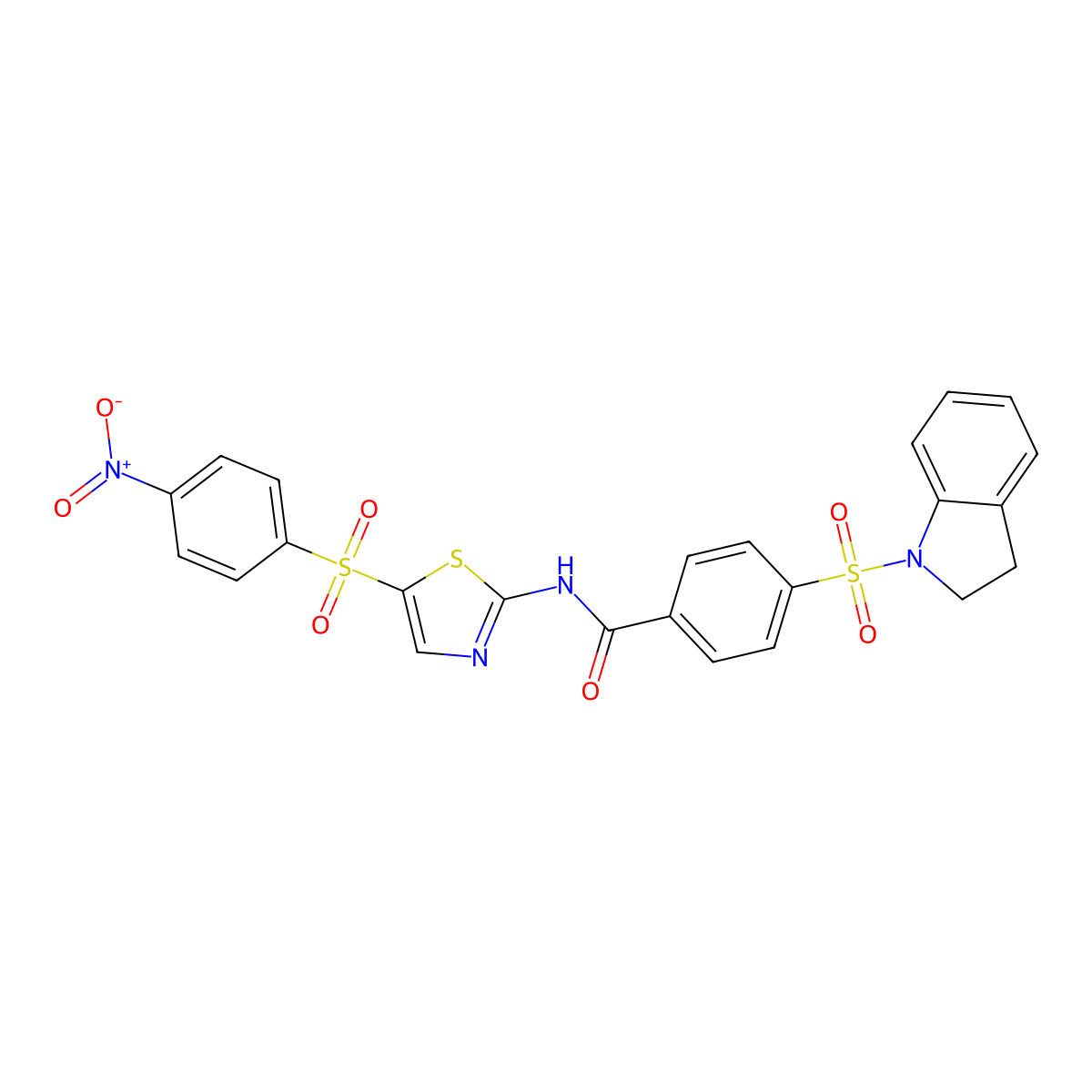 4-(indolin-1-ylsulfonyl)-N-(5-((4-nitrophenyl)sulfonyl)thiazol-2-yl)benzamide molecular structure, CAS 361170-67-4