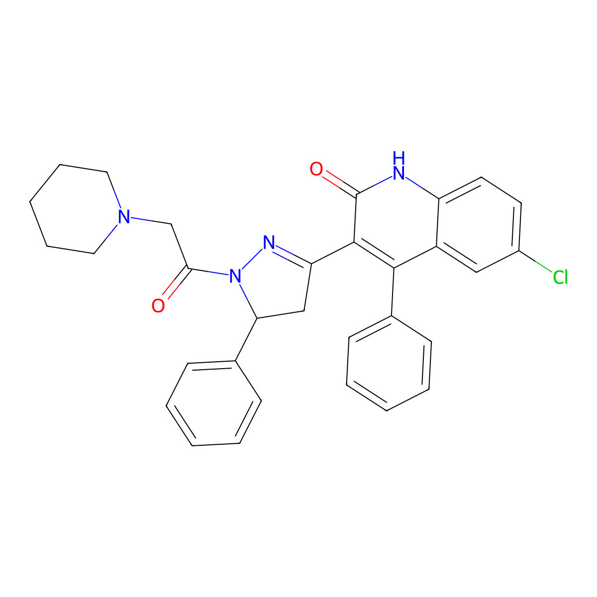 6-chloro-4-phenyl-3-[5-phenyl-1-(piperidin-1-ylacetyl)-4,5-dihydro-1H-pyrazol-3-yl]quinolin-2(1H)-one molecular structure, CAS 361170-85-6