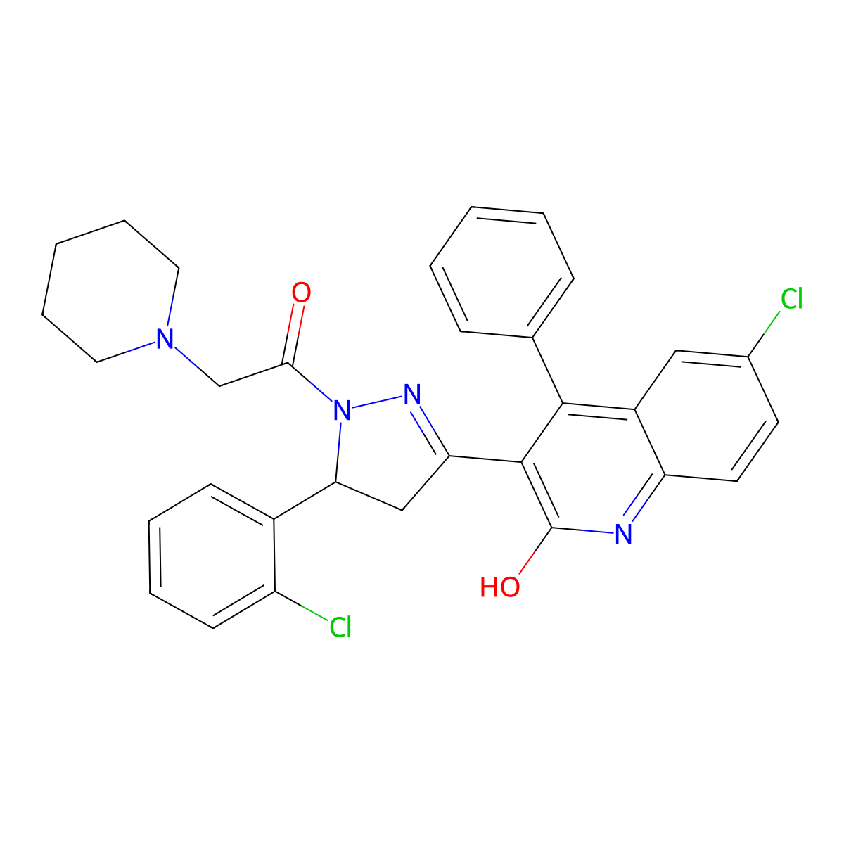 6-chloro-3-(5-(2-chlorophenyl)-1-(2-(piperidin-1-yl)acetyl)-4,5-dihydro-1H-pyrazol-3-yl)-4-phenylquinolin-2(1H)-one molecular structure, CAS 361170-86-7