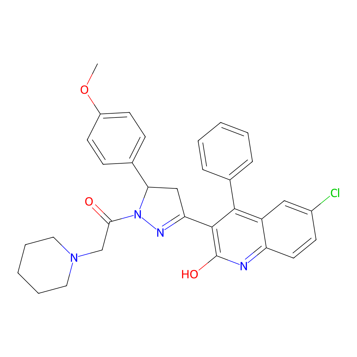 6-chloro-3-(5-(4-methoxyphenyl)-1-(2-(piperidin-1-yl)acetyl)-4,5-dihydro-1H-pyrazol-3-yl)-4-phenylquinolin-2(1H)-one molecular structure, CAS 361170-87-8