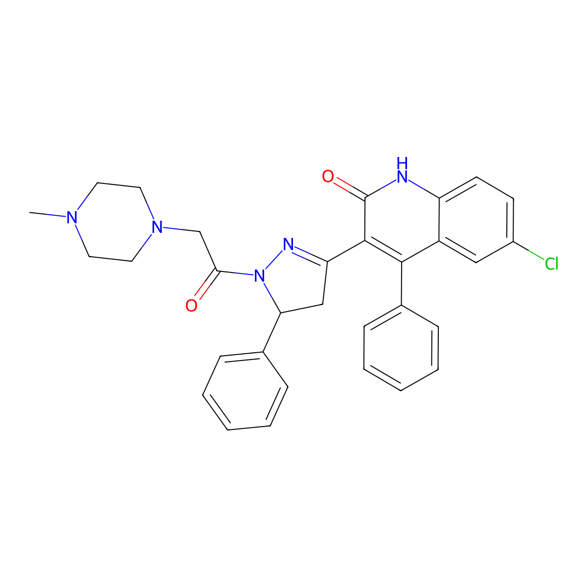 6-chloro-3-(1-(2-(4-methylpiperazin-1-yl)acetyl)-5-phenyl-4,5-dihydro-1H-pyrazol-3-yl)-4-phenylquinolin-2(1H)-one molecular structure, CAS 361170-89-0