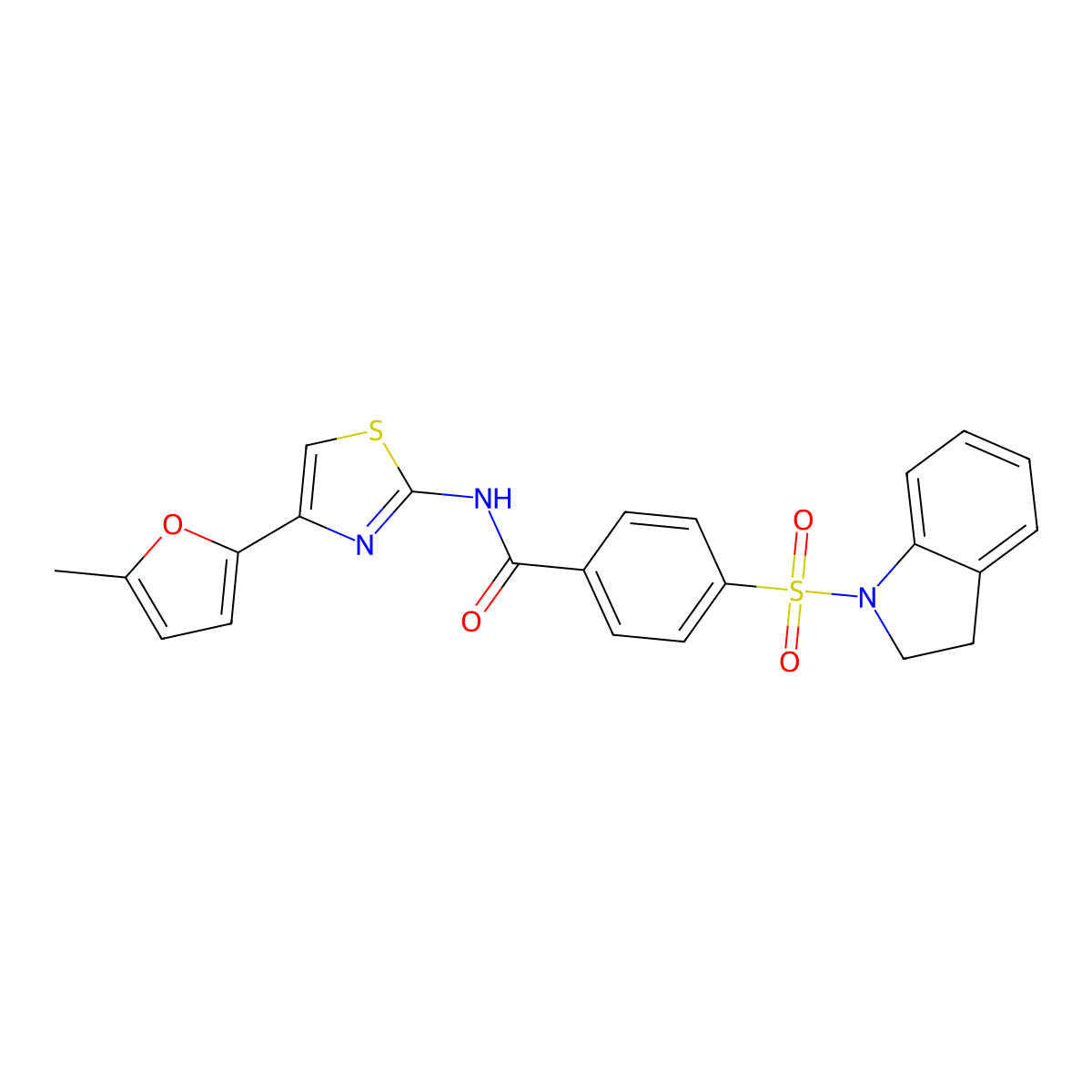 4-(indolin-1-ylsulfonyl)-N-(4-(5-methylfuran-2-yl)thiazol-2-yl)benzamide molecular structure, CAS 361171-04-2