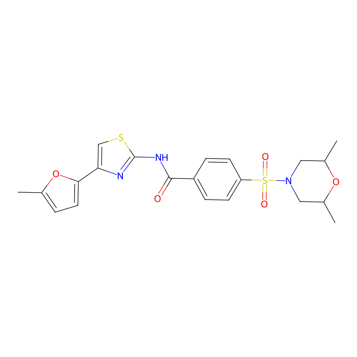 4-((2,6-dimethylmorpholino)sulfonyl)-N-(4-(5-methylfuran-2-yl)thiazol-2-yl)benzamide molecular structure, CAS 361171-30-4