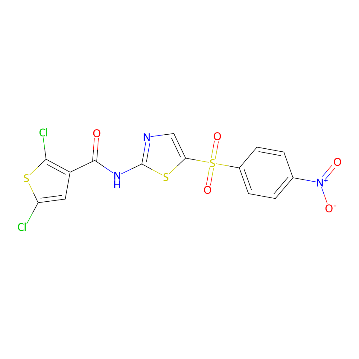 2,5-dichloro-N-(5-((4-nitrophenyl)sulfonyl)thiazol-2-yl)thiophene-3-carboxamide molecular structure, CAS 361171-43-9
