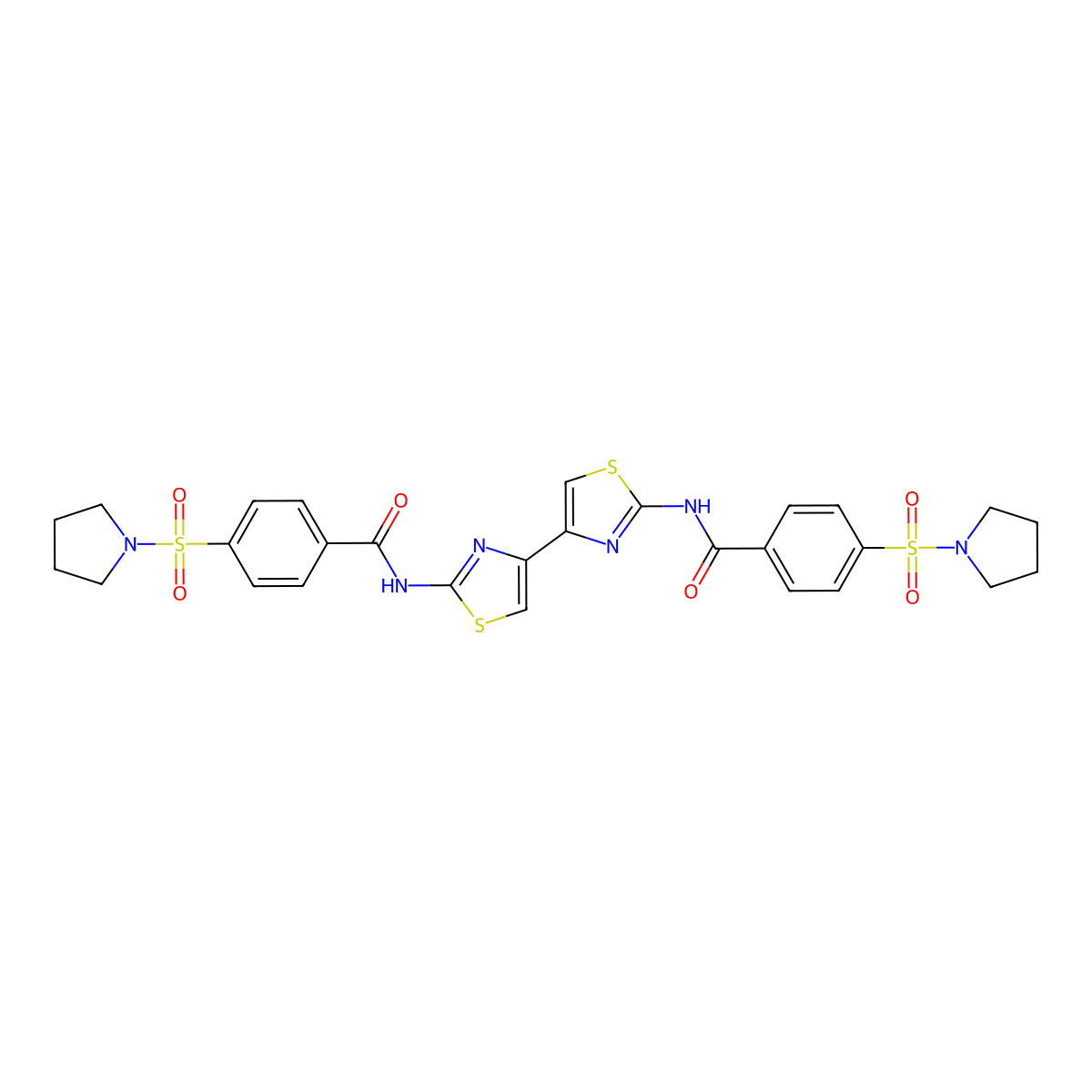 4-pyrrolidin-1-ylsulfonyl-N-[4-[2-[(4-pyrrolidin-1-ylsulfonylbenzoyl)amino]-1,3-thiazol-4-yl]-1,3-thiazol-2-yl]benzamide molecular structure, CAS 361171-44-0