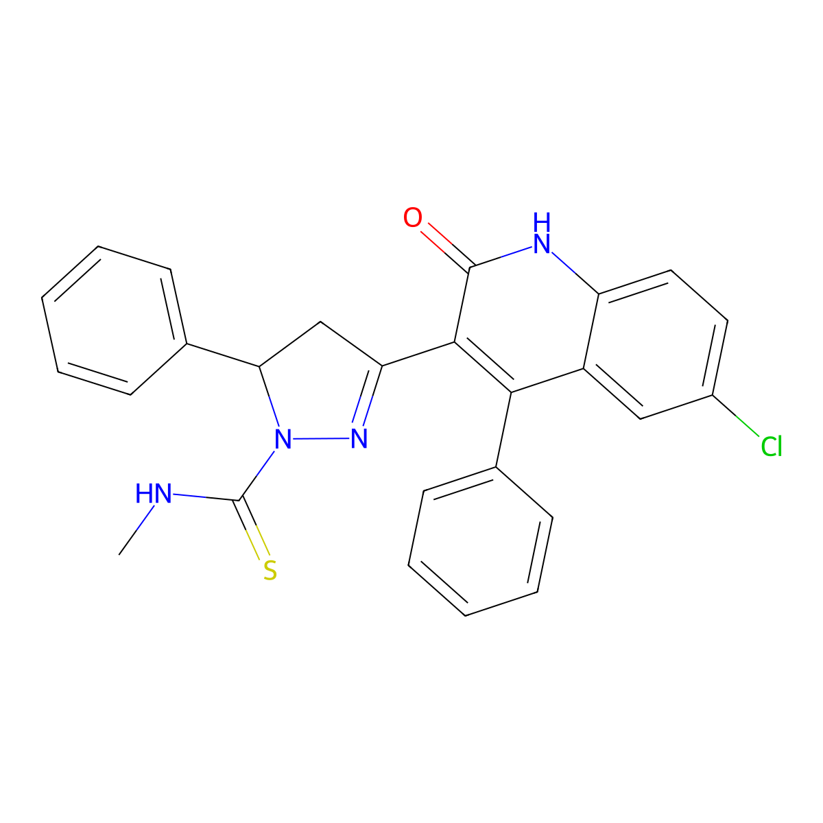 3-(6-chloro-2-oxo-4-phenyl-1,2-dihydroquinolin-3-yl)-N-methyl-5-phenyl-4,5-dihydro-1H-pyrazole-1-carbothioamide molecular structure, CAS 361171-59-7