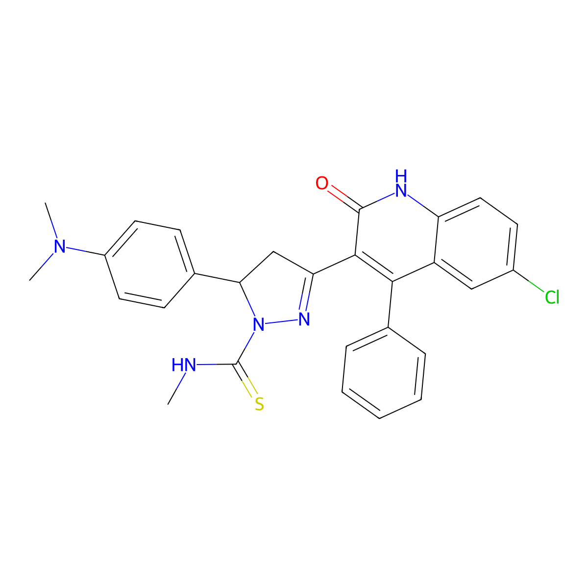 3-(6-chloro-2-oxo-4-phenyl-1,2-dihydroquinolin-3-yl)-5-(4-(dimethylamino)phenyl)-N-methyl-4,5-dihydro-1H-pyrazole-1-carbothioamide molecular structure, CAS 361171-61-1