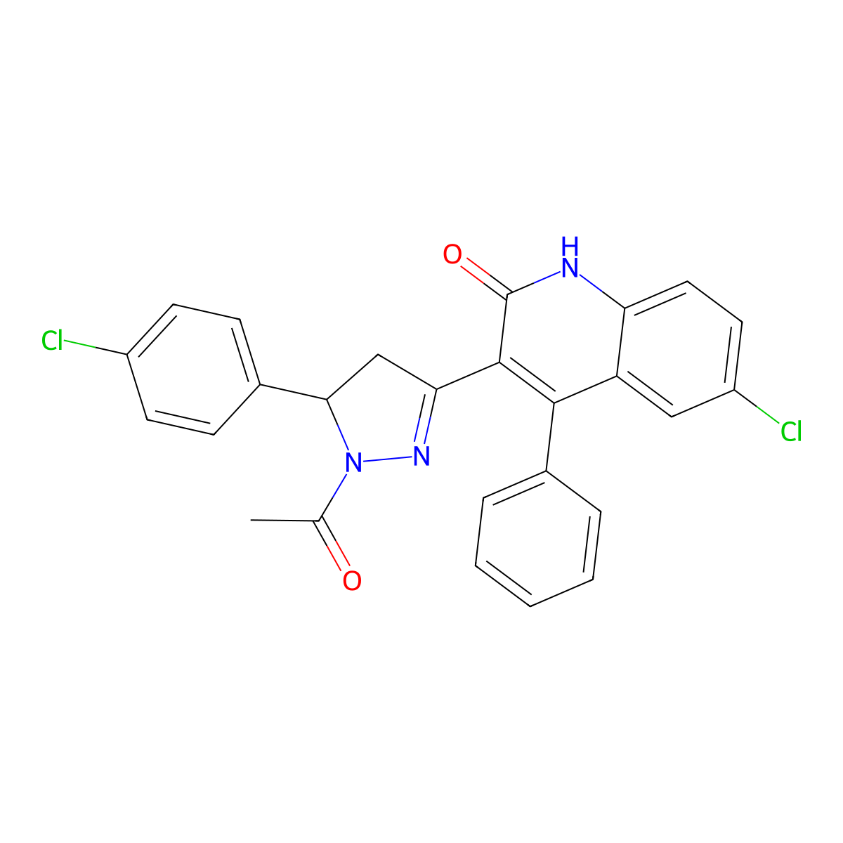 3-(1-acetyl-5-(4-chlorophenyl)-4,5-dihydro-1H-pyrazol-3-yl)-6-chloro-4-phenylquinolin-2(1H)-one molecular structure, CAS 361171-62-2