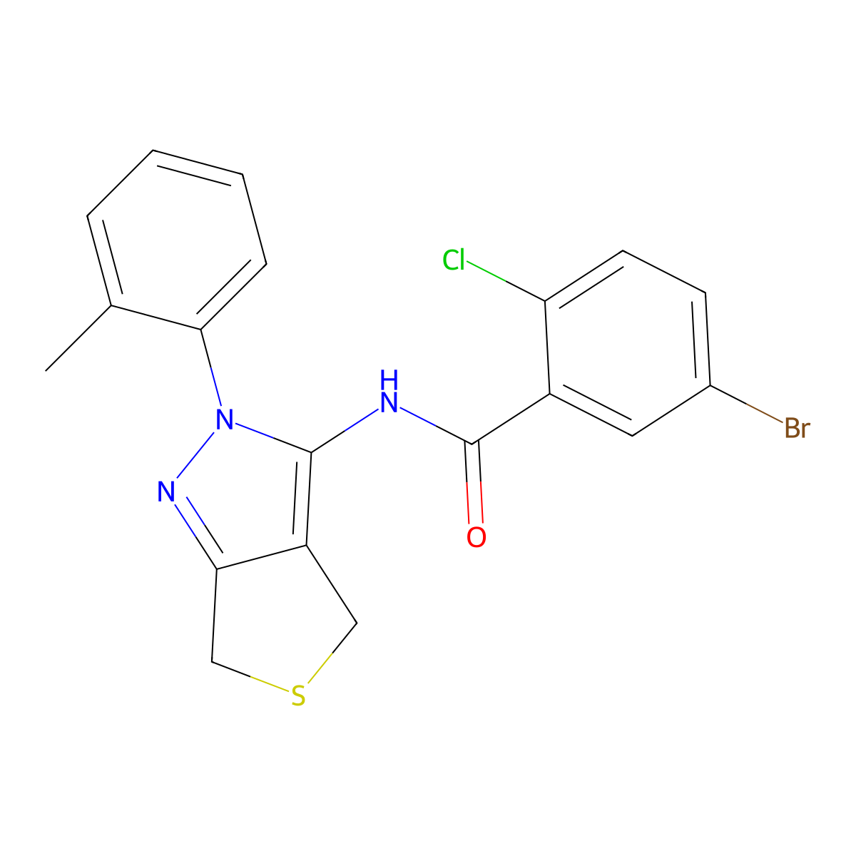 5-bromo-2-chloro-N-[2-(2-methylphenyl)-4,6-dihydrothieno[3,4-c]pyrazol-3-yl]benzamide molecular structure, CAS 361172-14-7
