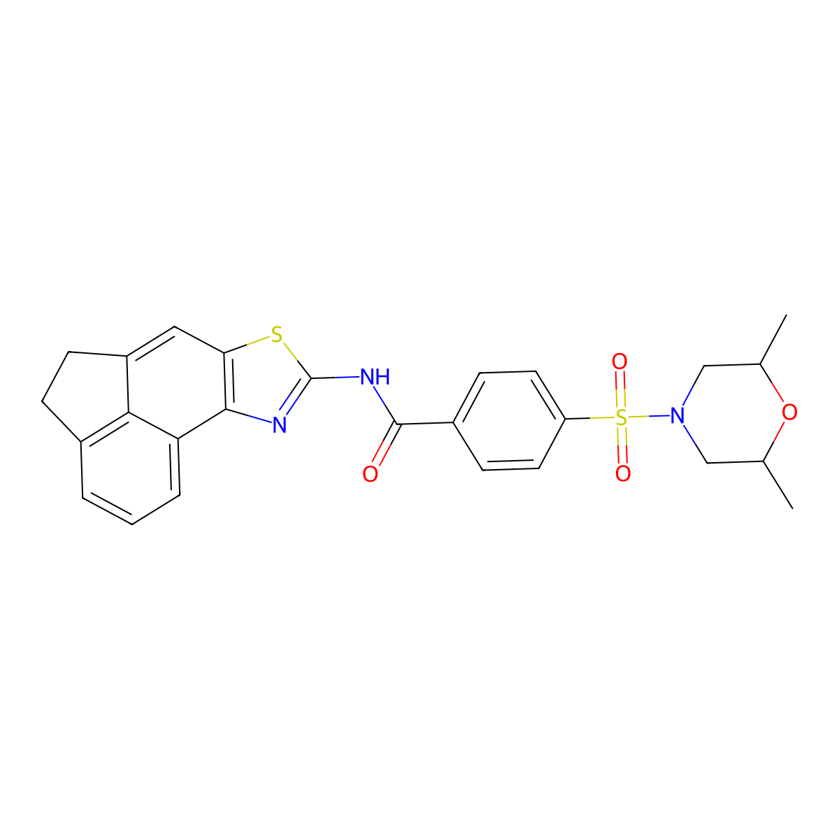 4-[(2,6-dimethylmorpholin-4-yl)sulfonyl]-N-{5-thia-3-azatetracyclo[6.6.1.0^{2,6}.0^{11,15}]pentadeca-1(15),2(6),3,7,11,13-hexaen-4-yl}benzamide molecular structure, CAS 361172-84-1