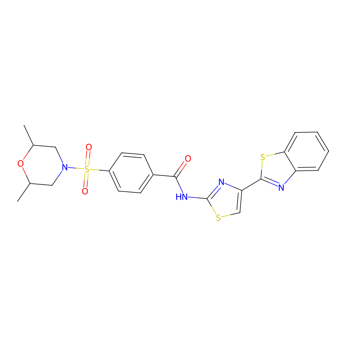 N-(4-(benzo[d]thiazol-2-yl)thiazol-2-yl)-4-((2,6-dimethylmorpholino)sulfonyl)benzamide molecular structure, CAS 361172-93-2