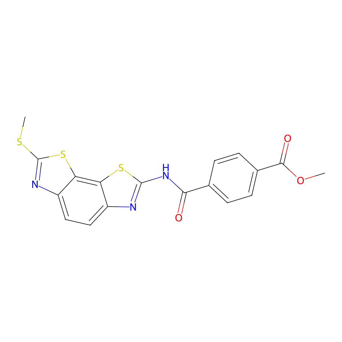 Methyl 4-[(2-methylsulfanyl-[1,3]thiazolo[4,5-g][1,3]benzothiazol-7-yl)carbamoyl]benzoate molecular structure, CAS 361173-21-9