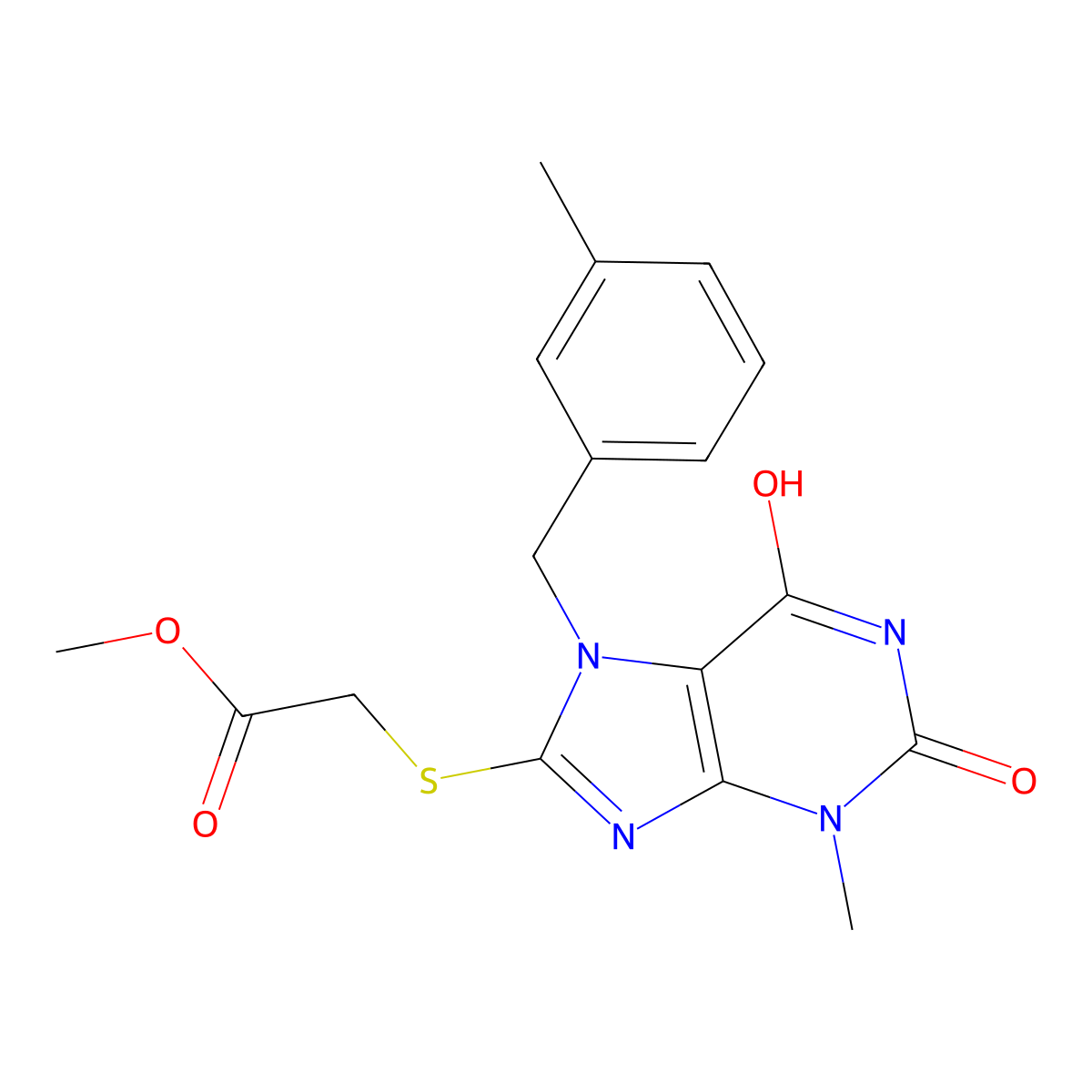methyl 2-((3-methyl-7-(3-methylbenzyl)-2,6-dioxo-2,3,6,7-tetrahydro-1H-purin-8-yl)thio)acetate molecular structure, CAS 361173-40-2