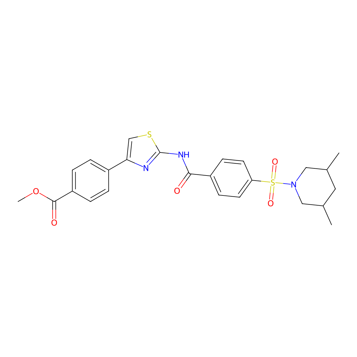 Methyl 4-(2-(4-((3,5-dimethylpiperidin-1-yl)sulfonyl)benzamido)thiazol-4-yl)benzoate molecular structure, CAS 361173-93-5