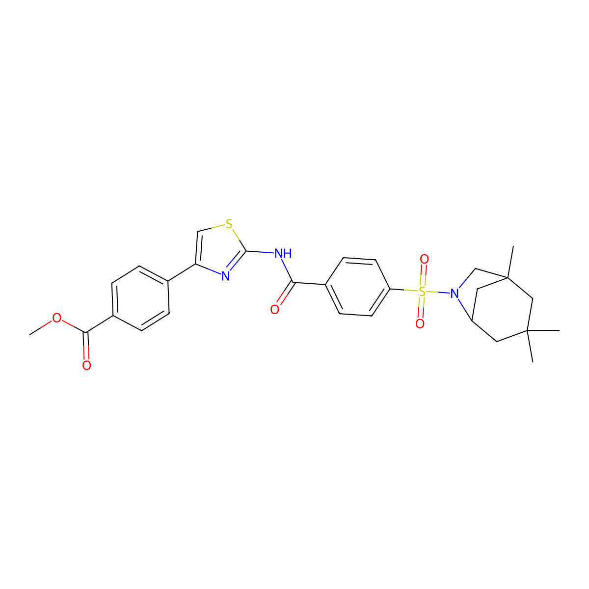 Methyl 4-(2-(4-((1,3,3-trimethyl-6-azabicyclo[3.2.1]octan-6-yl)sulfonyl)benzamido)thiazol-4-yl)benzoate molecular structure, CAS 361173-94-6