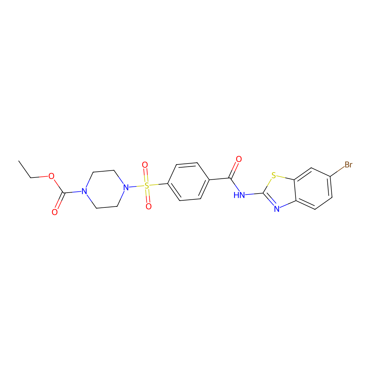 Ethyl 4-((4-((6-bromobenzo[d]thiazol-2-yl)carbamoyl)phenyl)sulfonyl)piperazine-1-carboxylate molecular structure, CAS 361173-99-1