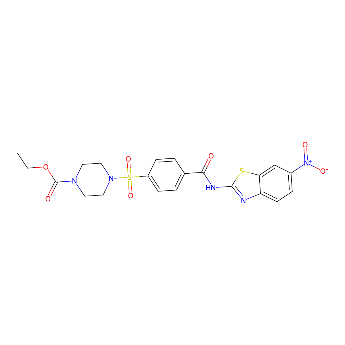 Ethyl 4-((4-((6-nitrobenzo[d]thiazol-2-yl)carbamoyl)phenyl)sulfonyl)piperazine-1-carboxylate molecular structure, CAS 361174-02-9
