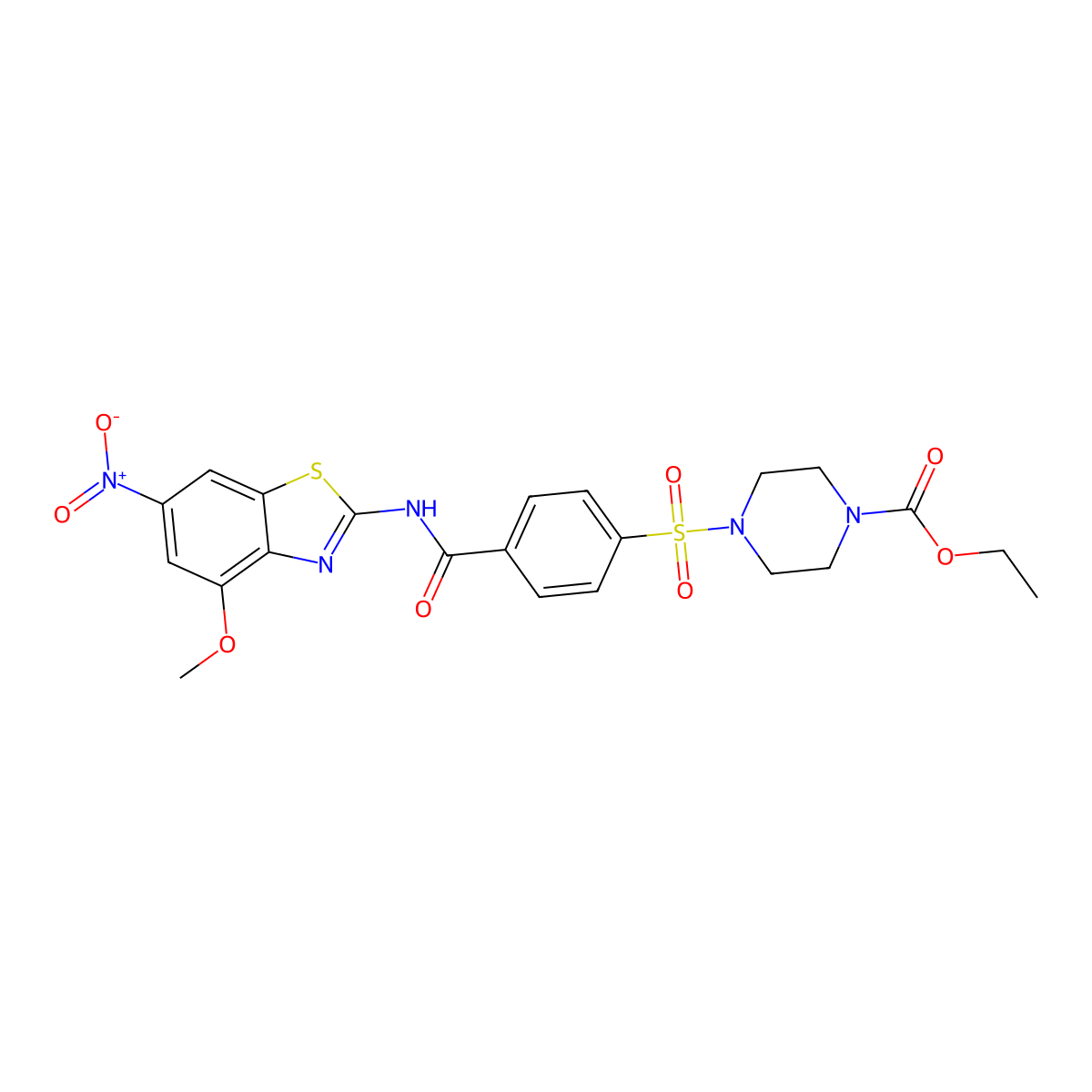 Ethyl 4-((4-((4-methoxy-6-nitrobenzo[d]thiazol-2-yl)carbamoyl)phenyl)sulfonyl)piperazine-1-carboxylate molecular structure, CAS 361174-05-2