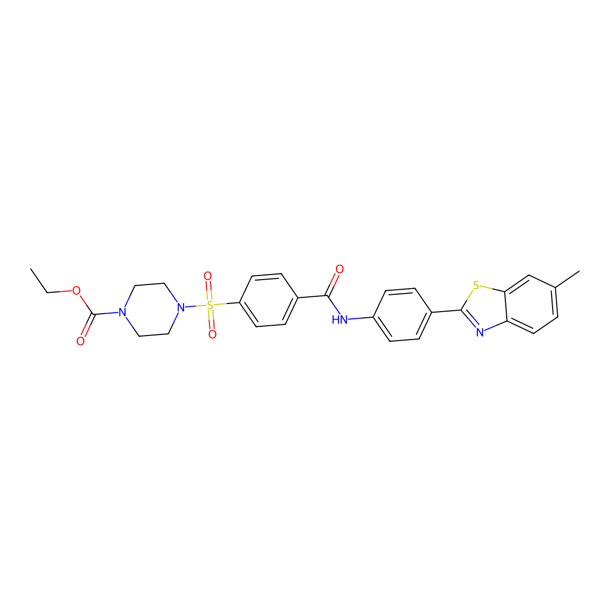 Ethyl 4-((4-((4-(6-methylbenzo[d]thiazol-2-yl)phenyl)carbamoyl)phenyl)sulfonyl)piperazine-1-carboxylate molecular structure, CAS 361174-09-6