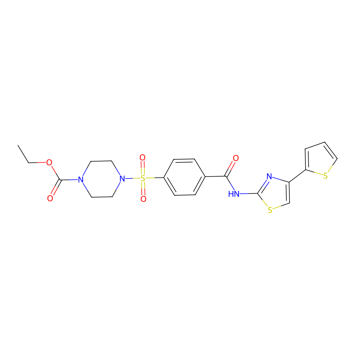 Ethyl 4-((4-((4-(thiophen-2-yl)thiazol-2-yl)carbamoyl)phenyl)sulfonyl)piperazine-1-carboxylate molecular structure, CAS 361174-21-2