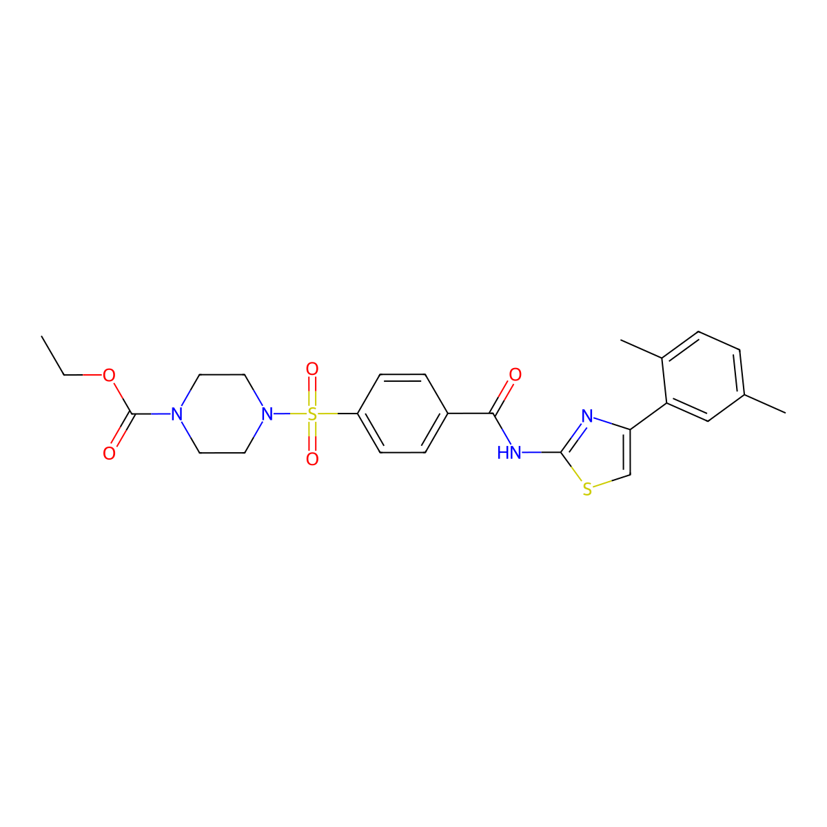 Ethyl 4-((4-((4-(2,5-dimethylphenyl)thiazol-2-yl)carbamoyl)phenyl)sulfonyl)piperazine-1-carboxylate molecular structure, CAS 361174-22-3