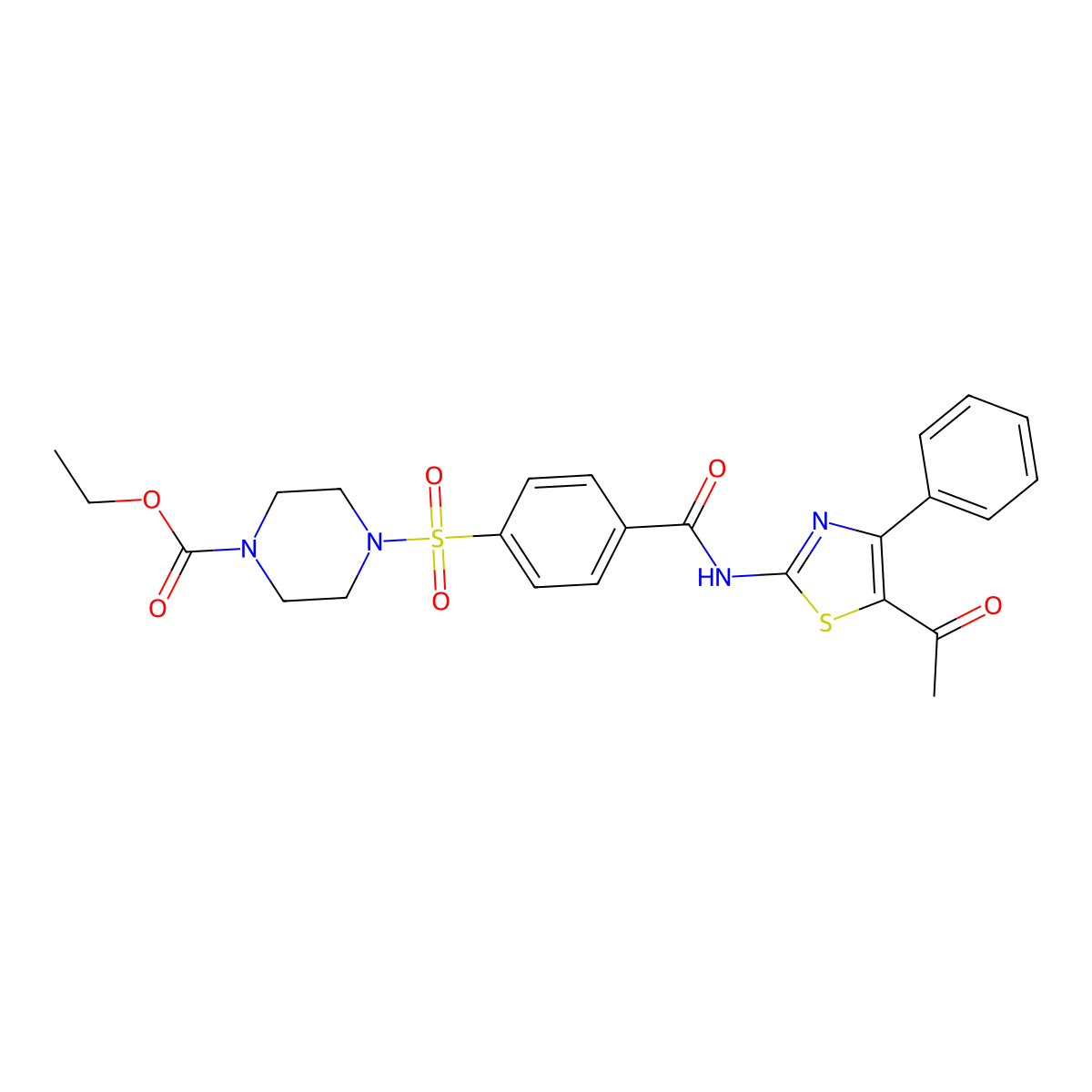 Ethyl 4-((4-((5-acetyl-4-phenylthiazol-2-yl)carbamoyl)phenyl)sulfonyl)piperazine-1-carboxylate molecular structure, CAS 361174-26-7