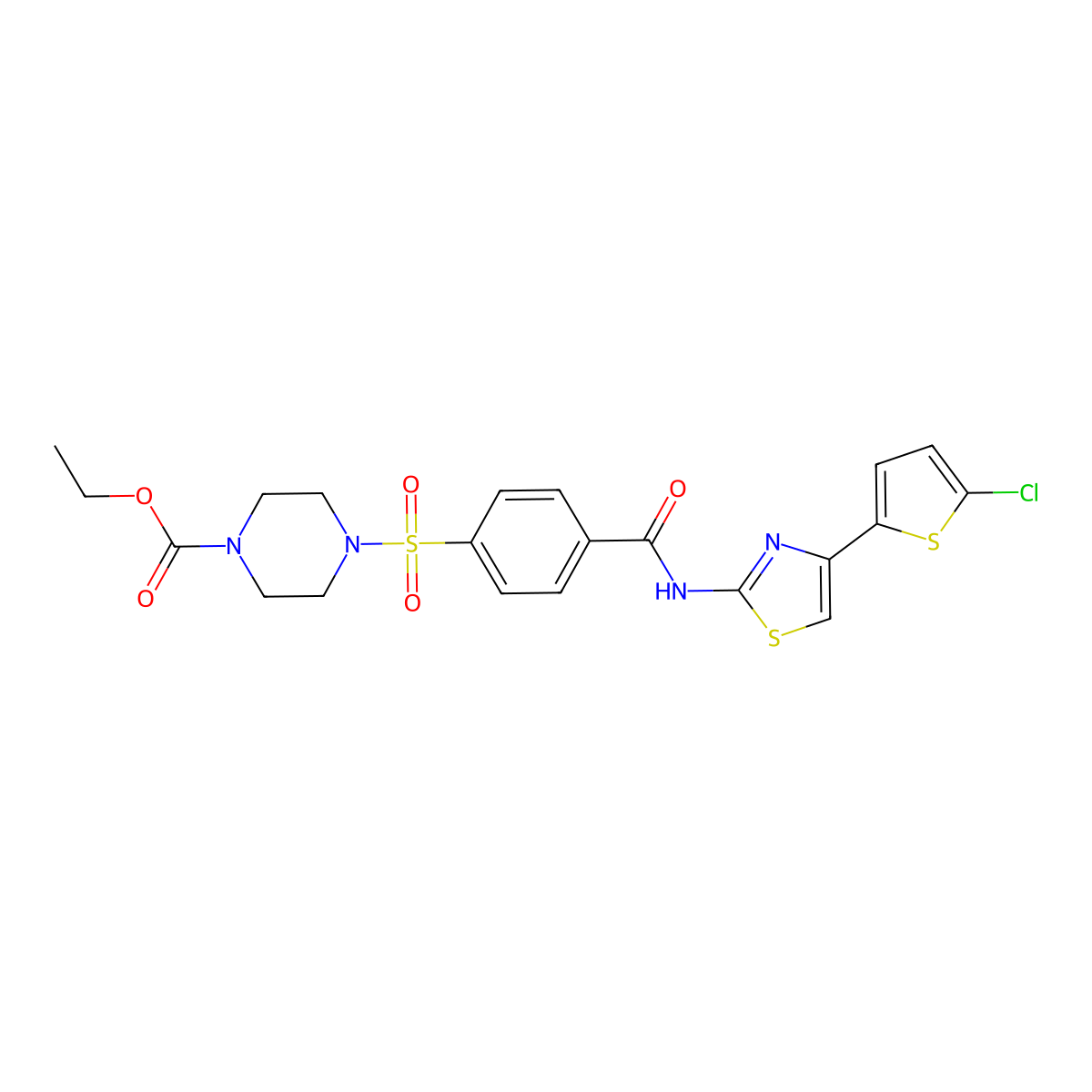 Ethyl 4-((4-((4-(5-chlorothiophen-2-yl)thiazol-2-yl)carbamoyl)phenyl)sulfonyl)piperazine-1-carboxylate molecular structure, CAS 361174-29-0
