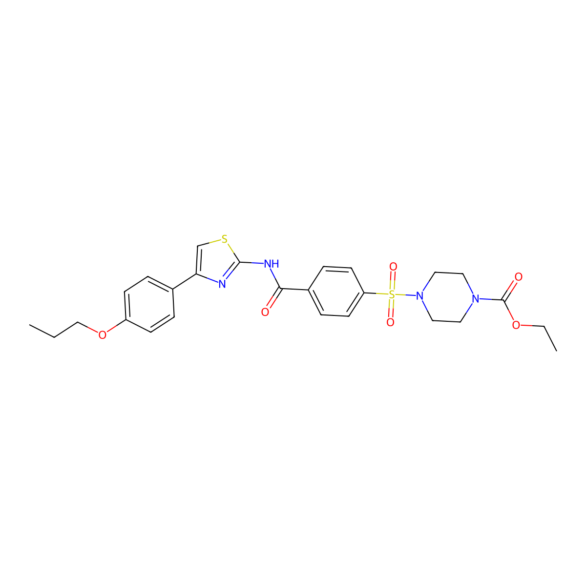 Ethyl 4-((4-((4-(4-propoxyphenyl)thiazol-2-yl)carbamoyl)phenyl)sulfonyl)piperazine-1-carboxylate molecular structure, CAS 361174-30-3
