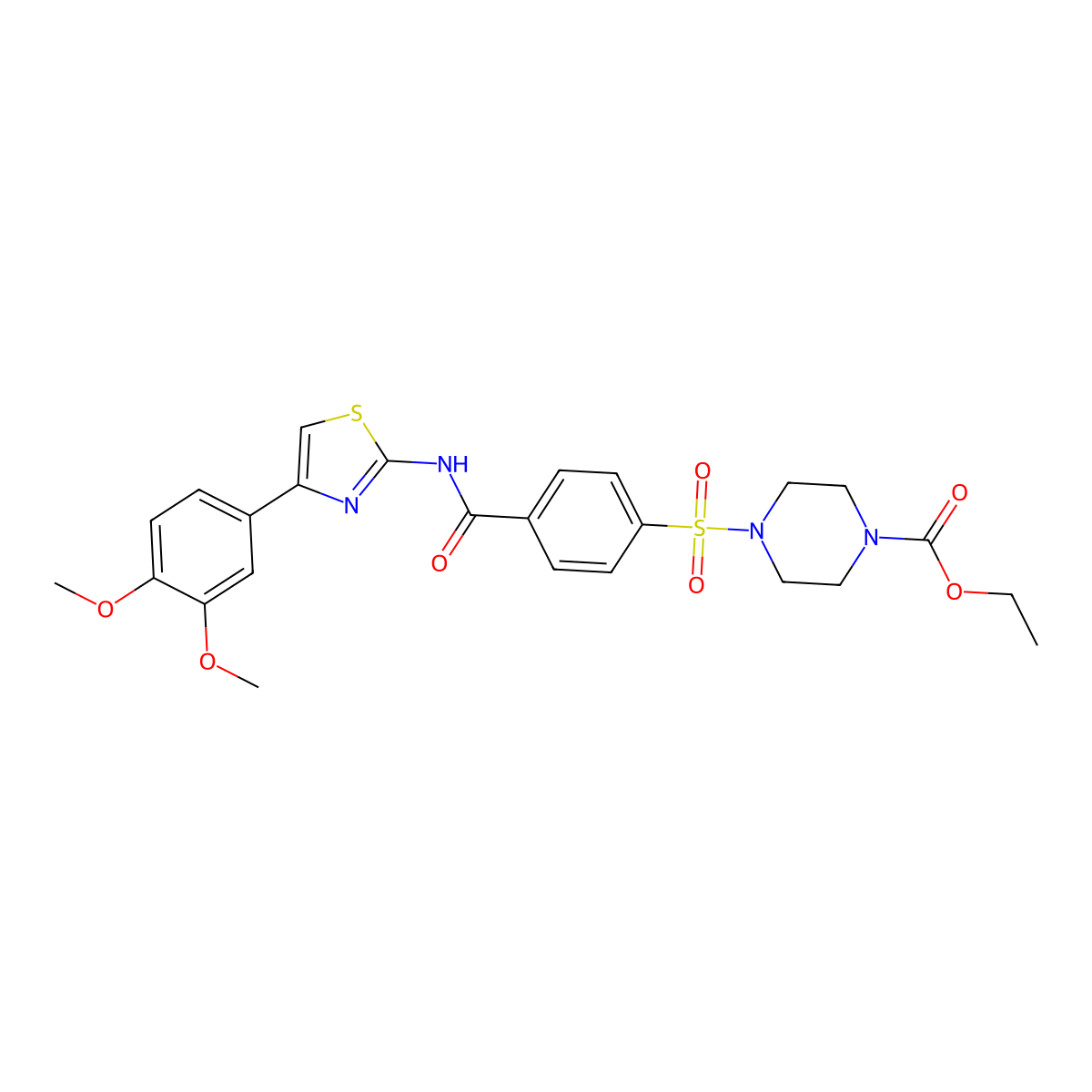 Ethyl 4-((4-((4-(3,4-dimethoxyphenyl)thiazol-2-yl)carbamoyl)phenyl)sulfonyl)piperazine-1-carboxylate molecular structure, CAS 361174-31-4