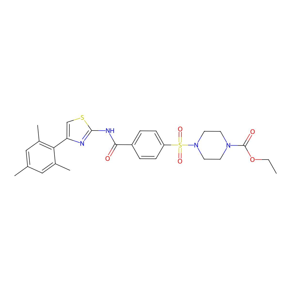 Ethyl 4-((4-((4-mesitylthiazol-2-yl)carbamoyl)phenyl)sulfonyl)piperazine-1-carboxylate molecular structure, CAS 361174-32-5