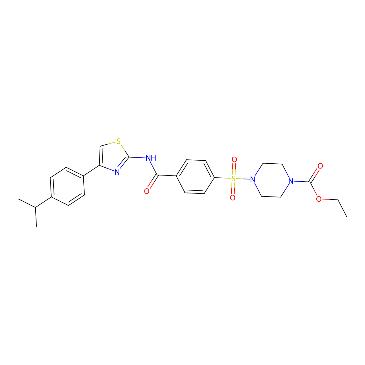 Ethyl 4-((4-((4-(4-isopropylphenyl)thiazol-2-yl)carbamoyl)phenyl)sulfonyl)piperazine-1-carboxylate molecular structure, CAS 361174-33-6