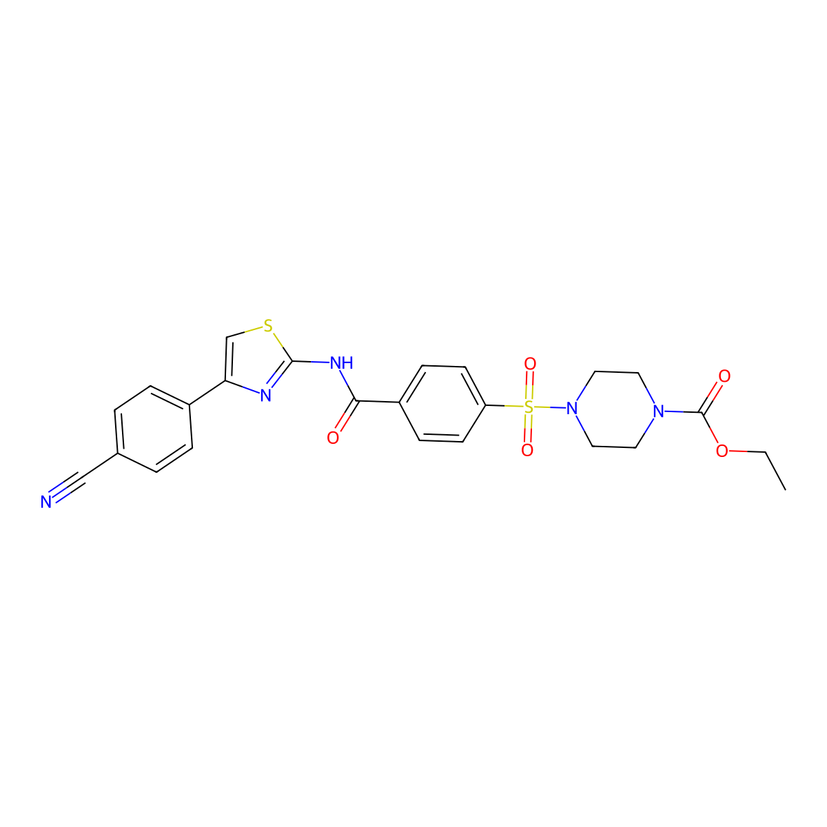Ethyl 4-[4-[[4-(4-cyanophenyl)-1,3-thiazol-2-yl]carbamoyl]phenyl]sulfonylpiperazine-1-carboxylate molecular structure, CAS 361174-37-0