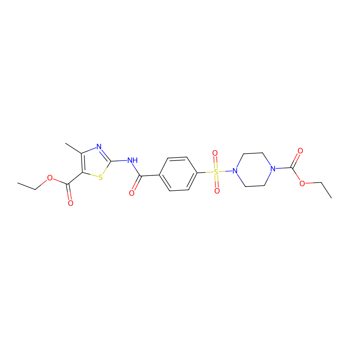 Ethyl 2-(4-((4-(ethoxycarbonyl)piperazin-1-yl)sulfonyl)benzamido)-4-methylthiazole-5-carboxylate molecular structure, CAS 361174-41-6